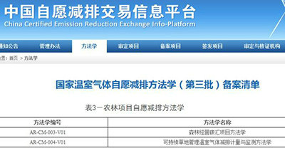 由国家林业局造林司组织、中国绿色碳汇基金会等机构参与开发的首批中国林业温室气体自愿减排项目方法学《碳汇造林项目方法学》、《竹子造林碳汇项目方法学》由国家发改委公布备案,《森林经营碳汇项目方法学》通过国家发改委备案审核