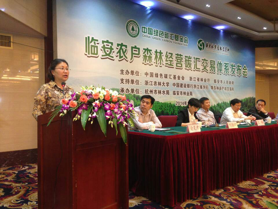 发布会上,中国绿色碳汇基金会秘书长李怒云介绍“农户森林经营碳汇交易体系”