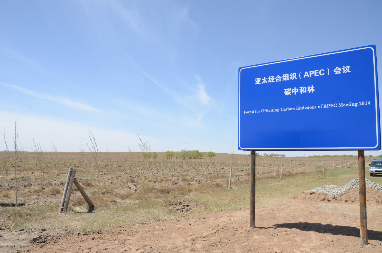 2015年5月21日上午，2014年亚太经合组织(APEC)会议碳中和林建成揭牌仪式在河北省张家口市康保县造林现场举行。图为亚太经合组织（APEC）会议碳中和林外景